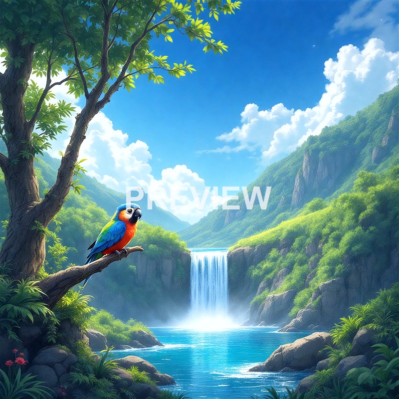 A colorful parrot perched on a branch of a tree in a lush green valley with a waterfall flowing into a river, surrounded by mountains and a bright blue sky with clouds.
